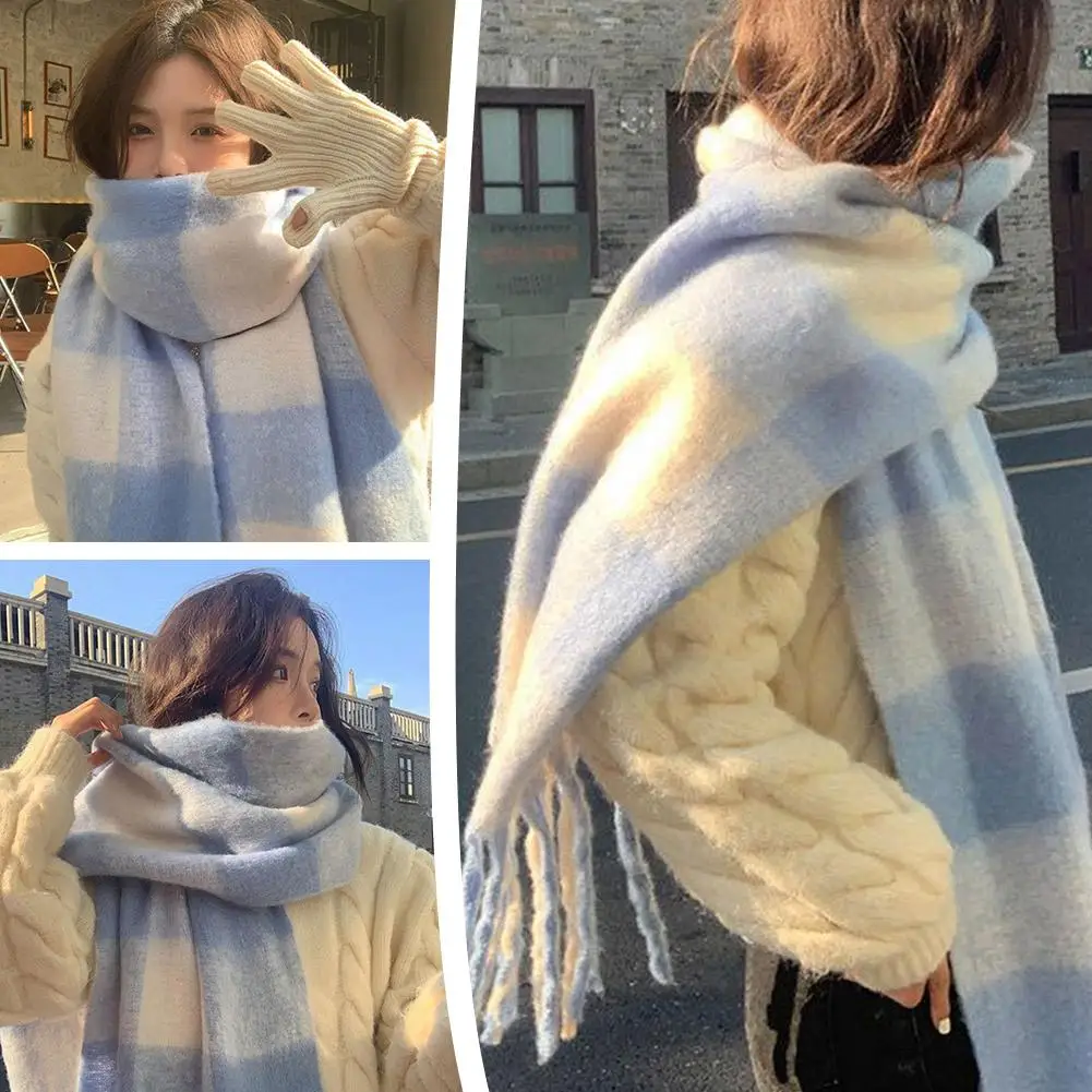 Stylish Simple Korean Inspired Blue White Check Pattern Plaid Scarf Soft Winter Warm Shawl  Cold Weather Lady Tassel Shawl Wraps