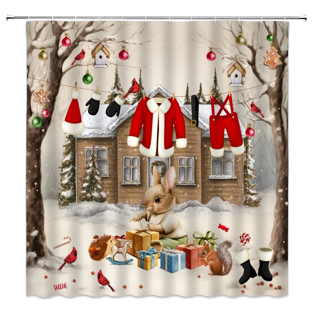 Christmas Shower Curtain Christmas Tree Red Bird Colorful Christmas Balls Gift Boxes Farm Animals Bunny Bathroom Decoration