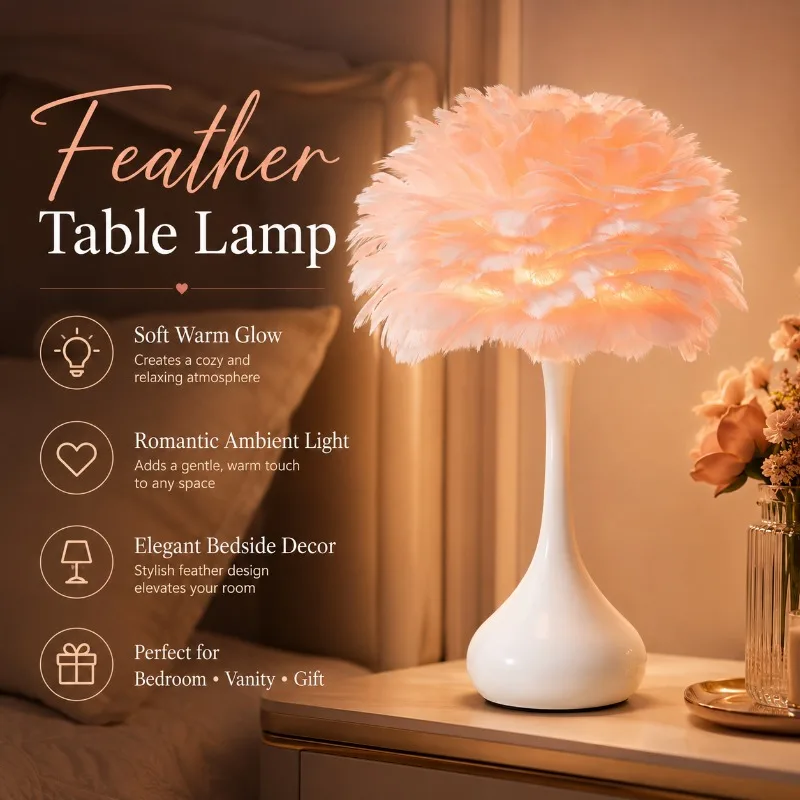 Feather Table Lamp Nordic White Pink Shade LED Warm Bedside Night Light for Bedroom Living Room Girls Room Home Decor Table Lamp
