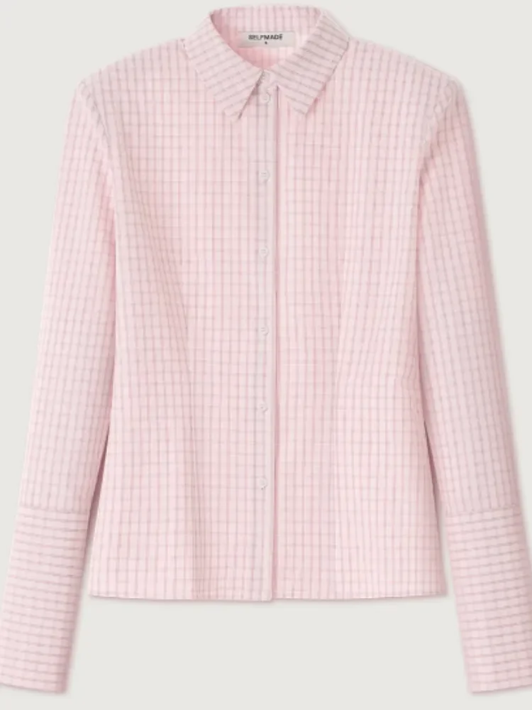 

Женская розовая рубашка в мелкую клетку, приталенная, элегантная, модная, с воротником-стойкой, на пуговицах, в клетку, 2026. Женские повседневные топы для ежедневной носки.