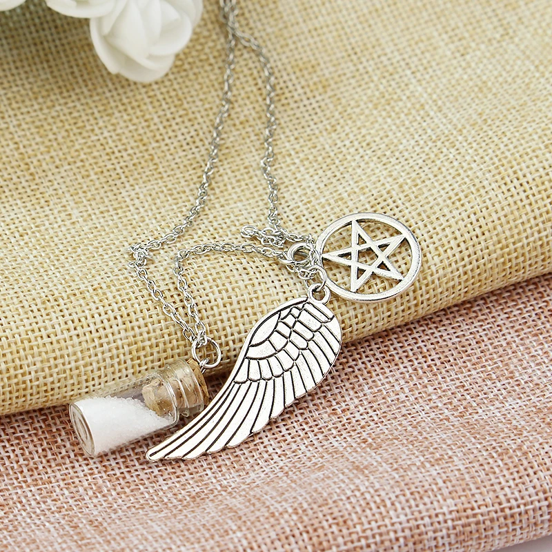 Movie Supernatural Necklace Pentagram Pentacle Castiel Angel Wings Vintage Antique Silver Color Pendant Amulet Jewelry