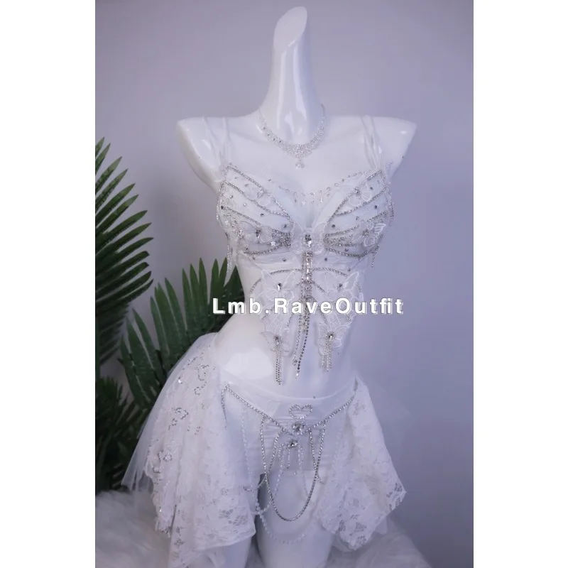 تخصيص أجنحة بيضاء مقطع كهربائي ترتد دي فاخر تألق الماس توتو تنورة مجموعة شريط مرحلة الأداء زي حمالات الصدر #3