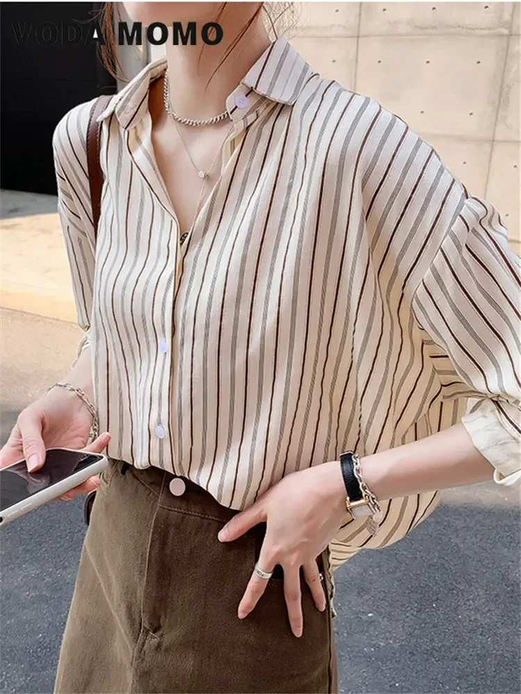 Women Spring Summer Fashion Streetwear Blouse Loose Female Casual Tops Shirt Long Sleeve Button Up Stripes Korean Style College