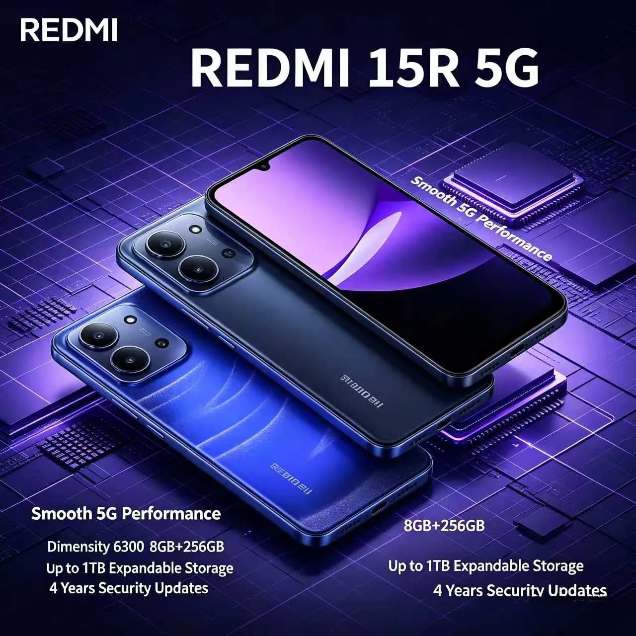 Redmi 15R 5G Smartphone, 8GB RAM 256GB ROM, Dimensity 6300, 6.9-inch 120Hz Screen, 50MP AI Camera, 6000mAh Battery, IP64