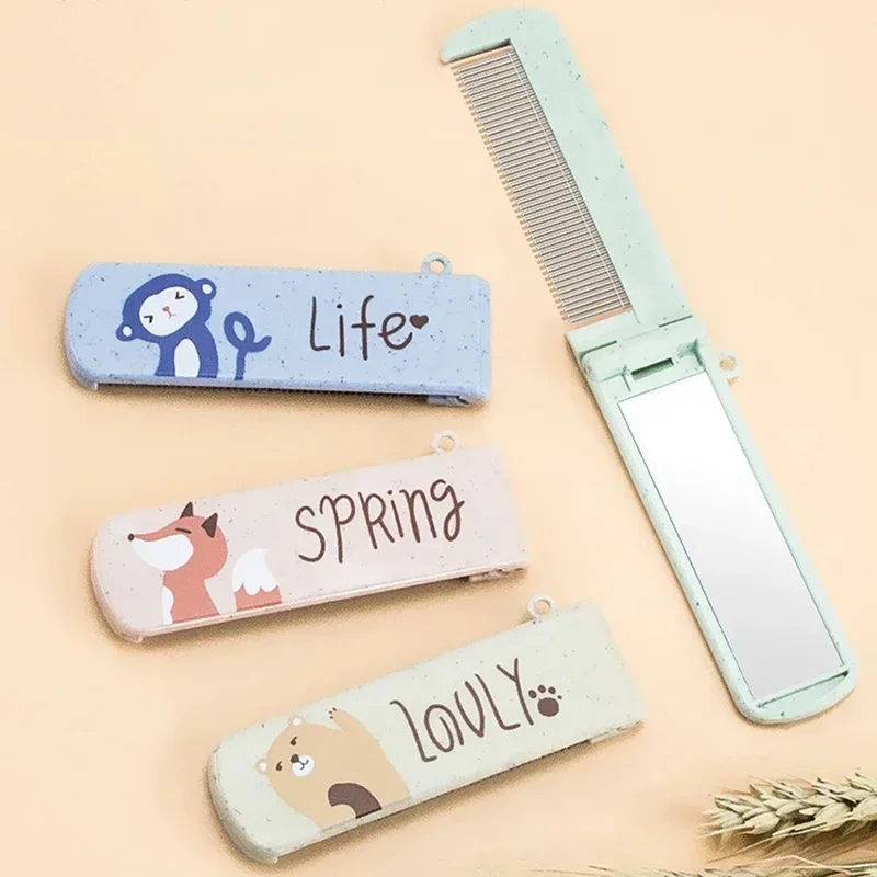 1pc dos desenhos animados portátil dobrável pente com espelho, mini bonito cabeleireiro diy estilo pentes de cabelo massagem anti-estática pente dobrável