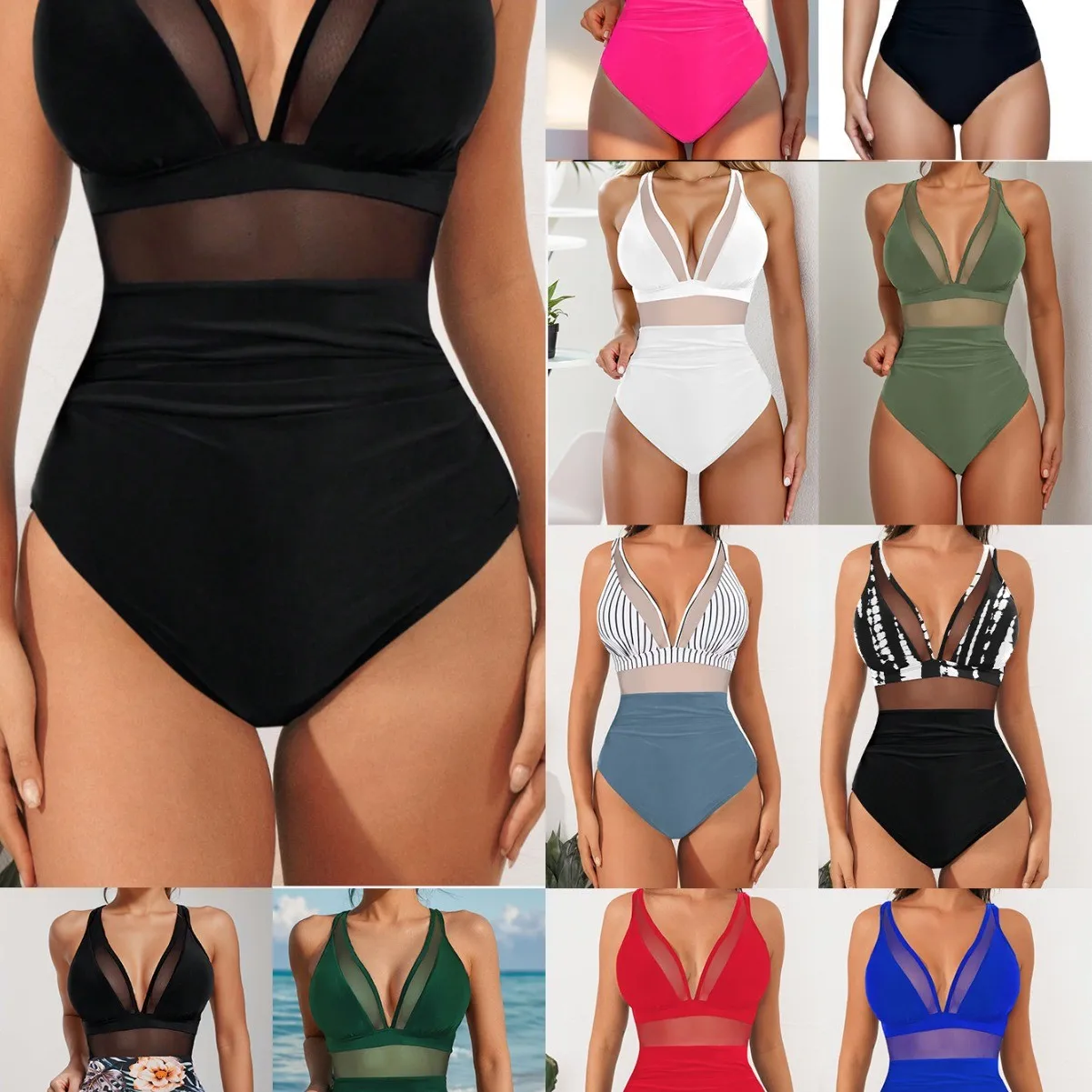

Woman Bikini Tankini Mesh Backless Bikinis High Waist Sheer Mesh Panel Swimsuit V Neck Adjustable Straps Swimwear Solid Color