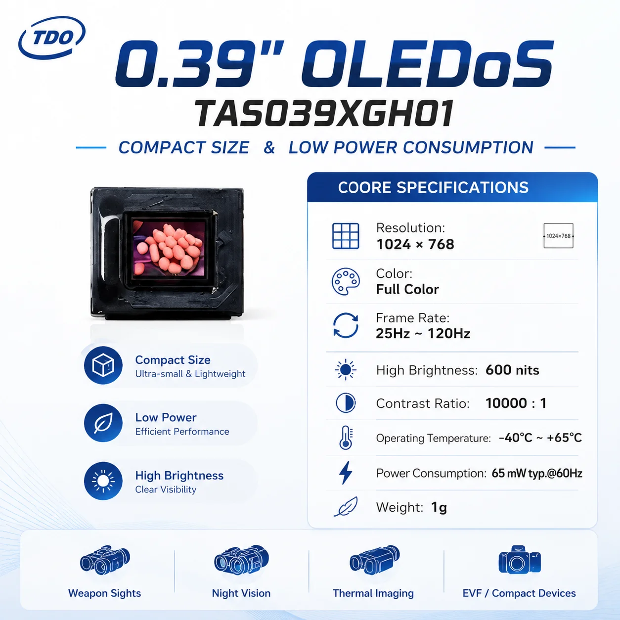 0.39inch Micro OLED Display, 1024*768, 600nits, for Night Version, AR/VR, Sight, Medical, Thermal Devices.