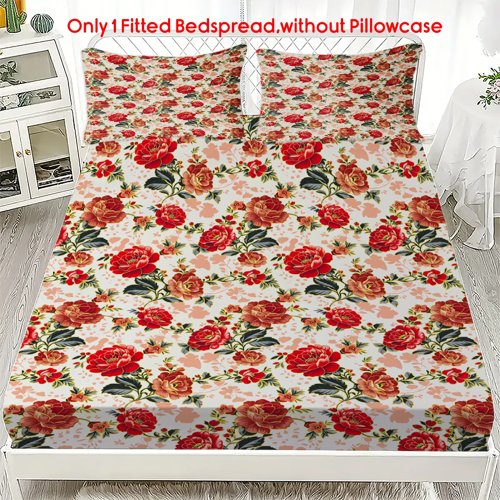 1Pc Fitted Sheet Vintage Floral Print Soft  Mattress Cover Deep Pocket Non Slip Bed Cover for Single Queen King Room Decoration