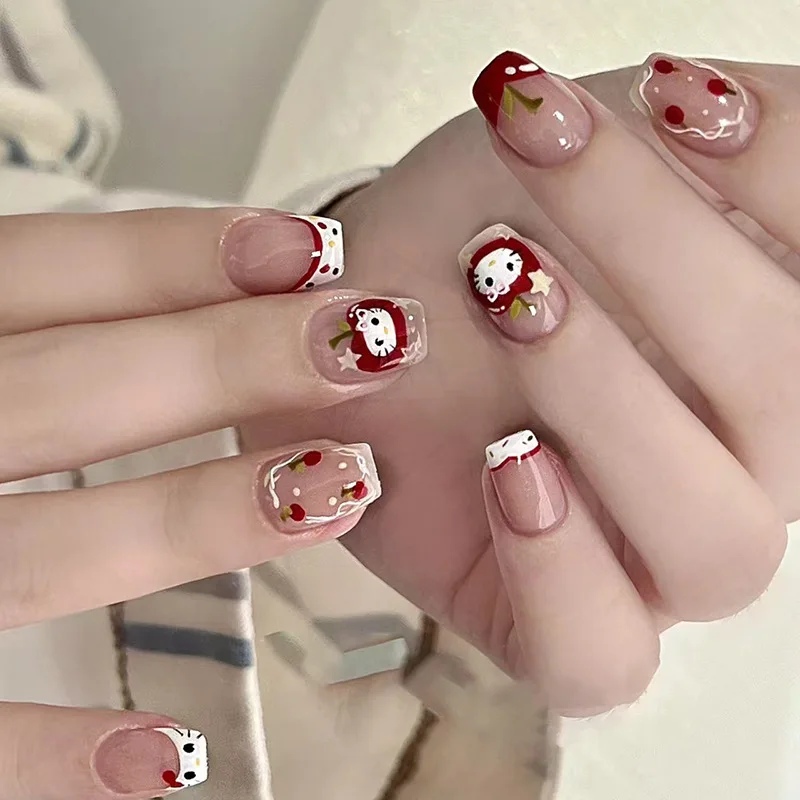 

24pcs Short Coffin Press-On Nails - French Tips With Polka Dots & Apple Prints Playful Star Accents (Multi-Size Fit)