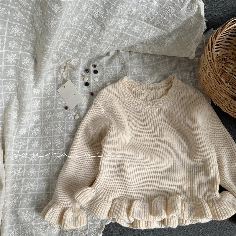 

Newborn Baby Girl Princess 100% Cotton Sweater Solid Color Spring Autumn Winter Child Knitted Pullover Ruffled Baby Clothes 1-7Y