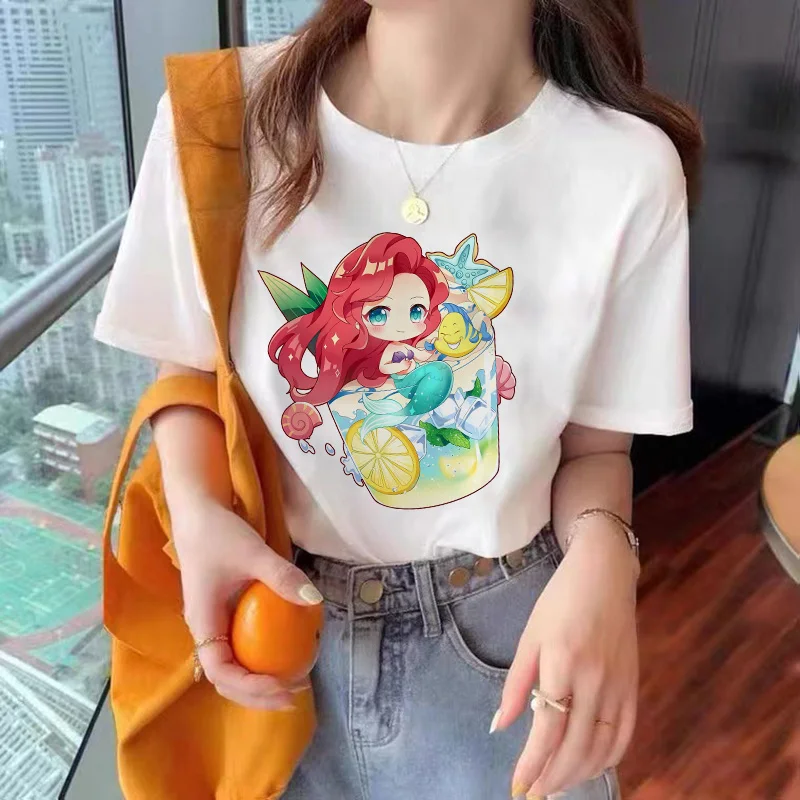 

Disney Princess Women T-shirt Cotton Ariel Anime T Shirts Kawaii Food Cartoon Casual Clothes Oversized Unisex Fashion Streetwear