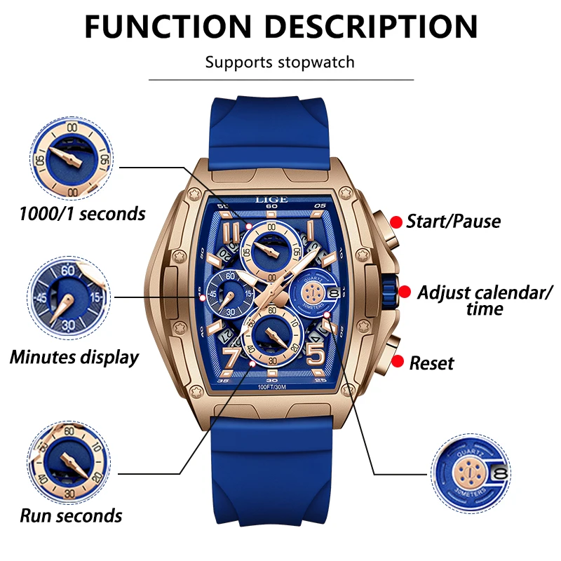 LIGE デザイントップブランドの高級クォーツマンウォッチファッション防水スクエアメンズ腕時計シリコーンカジュアルスポーツミリタリー腕時計