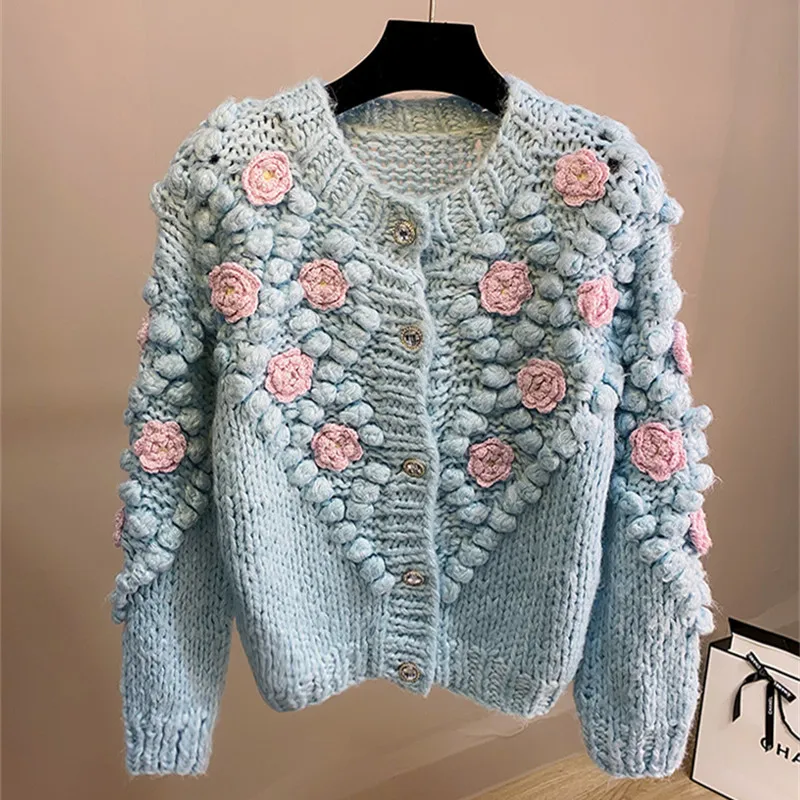 

Harajuku Crop Knitted Cardigans Women 3D Flower Sweater Coat Sweet Single Breasted Knitwears Jackets Korean Loose Jumper Outwear