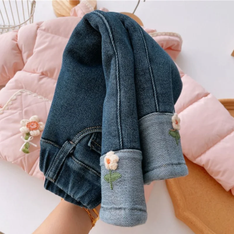Girls' Jeans 2024 New Autumn/Winter Children's Fashionable Plush Thickened Pants Thickened Western Straight Leg Pants