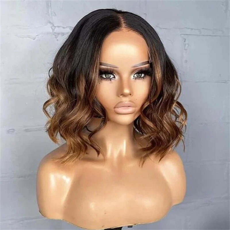 16Inch Ombre Brown 180Density Bob Wave Jewish Human With 5x5 Silk Base BabyHair HD Lace European Hair Preplucked Glueless Daily