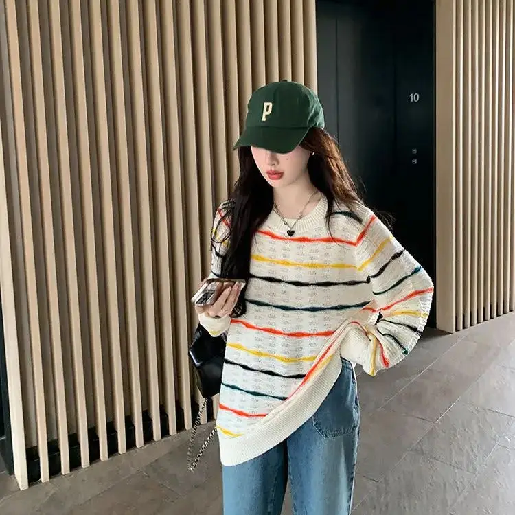 

Rainbow Stripe Knitting Shirt Women Hollow Out Sweater Long Sleeve Underlay Shirt Early Spring Loose And Slim Pullover Sweater