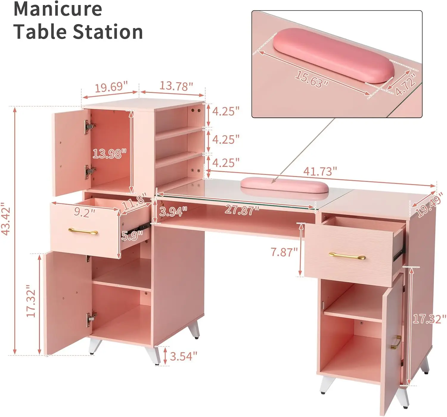 Manicure Table Nail Desk for Nail Tech w/Glass Top & Wrist Rest, Spa Beauty Salon Nail Supplies Decor Salon Station w/3 Storage