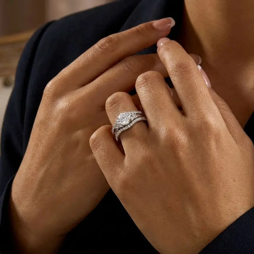 Minimalist 3 Piece Stacking Ring Set for Women Brass Zircon Round Brilliant Stone Curved Enhancer Band Fashion Jewelry