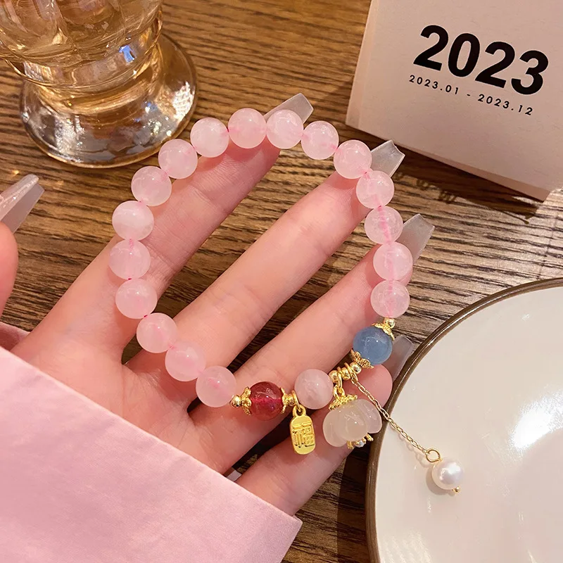 Qionglou Dream Super Fairy Sweet Fresh Hibiscus Pink Crystal Temple White Agate Flower Girl Bracelet