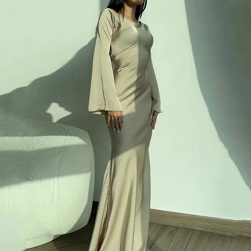 

Womens Dresses 2024 New Long Dresses Fashion Simple Round Neck Satin Flare Sleeve Lace Up Slim Evening Party Dresses Sexy Dress