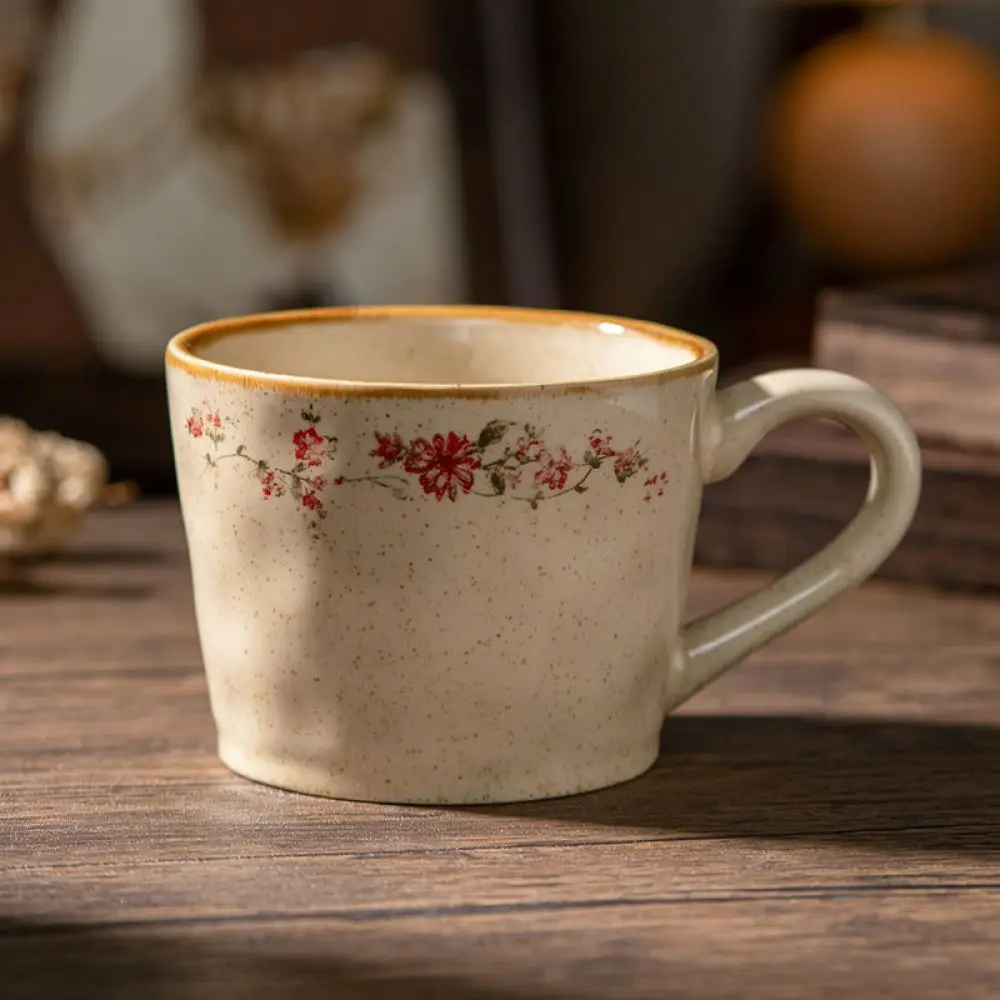 Wabi Sabi Ceramic Mug Retro Coffee Cup Floral Pattern Tea Drinkware Handheld Minimalist Home Office Tableware Gift
