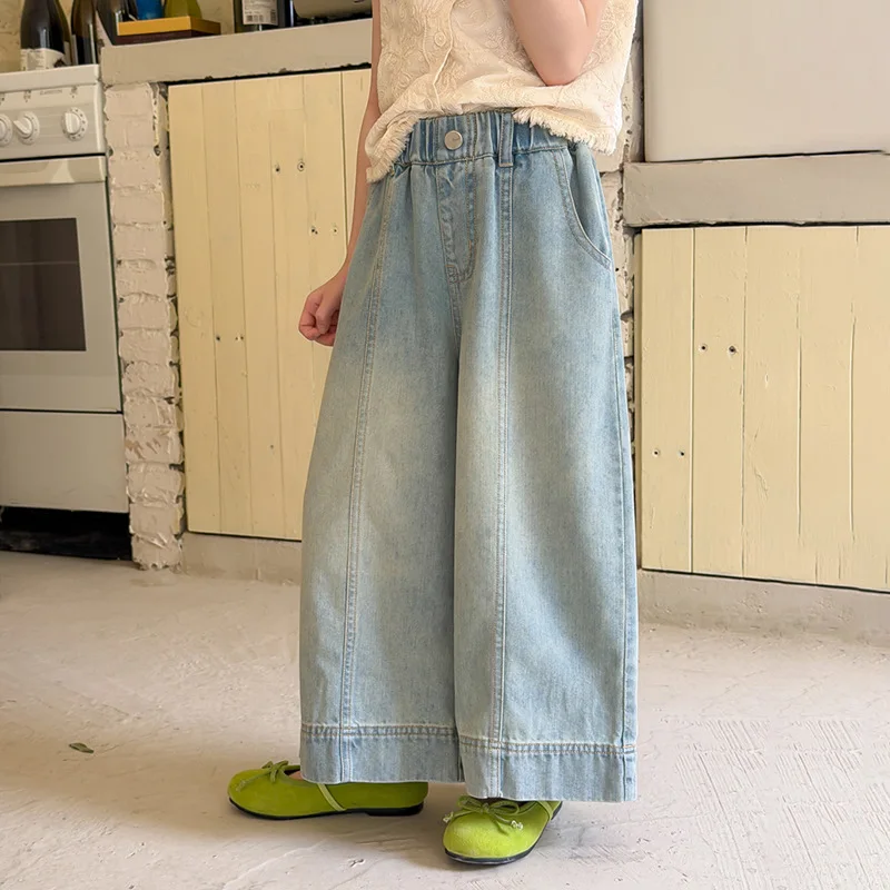 

Girls Vintage Straight Patch Jeans Kids Summer Casual Loose Vintage Washed Wide Leg Pants
