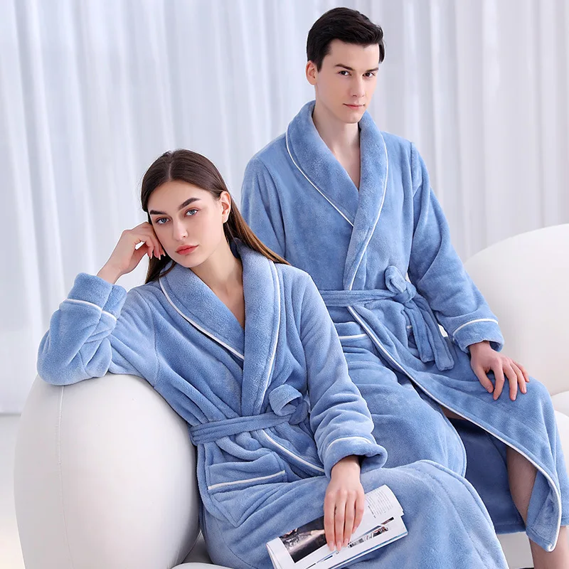 2025Women Winter Solid Color Long Warm Flannel Bathrobe Plus Size Thick Bath Robes Men Sleepwear Solid Dressing Gown