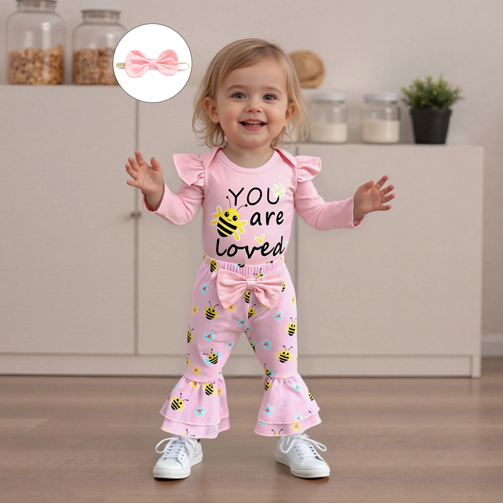 Baby Girls 3PCS Pants Sets Long Sleeve O Neck Letter Bee Print Romper Flared Pants Headband Sets
