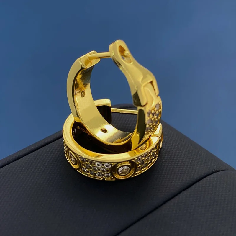 Classic Seiko Gold Plating Does Not Fade Three Rows Full of Diamonds Hoop Earrings for Women Exquisite Fashion Brand Jewelry