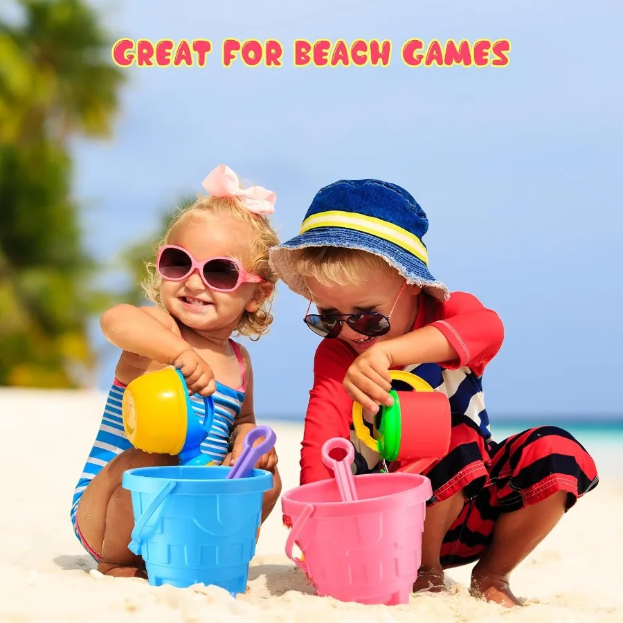 Paquet de 24 seaux de sable de 7.5 pouces en vrac pour enfants, seaux de plage en plastique avec pelles, moule de château de plage amusant, jouets de sable pour piscine d'été