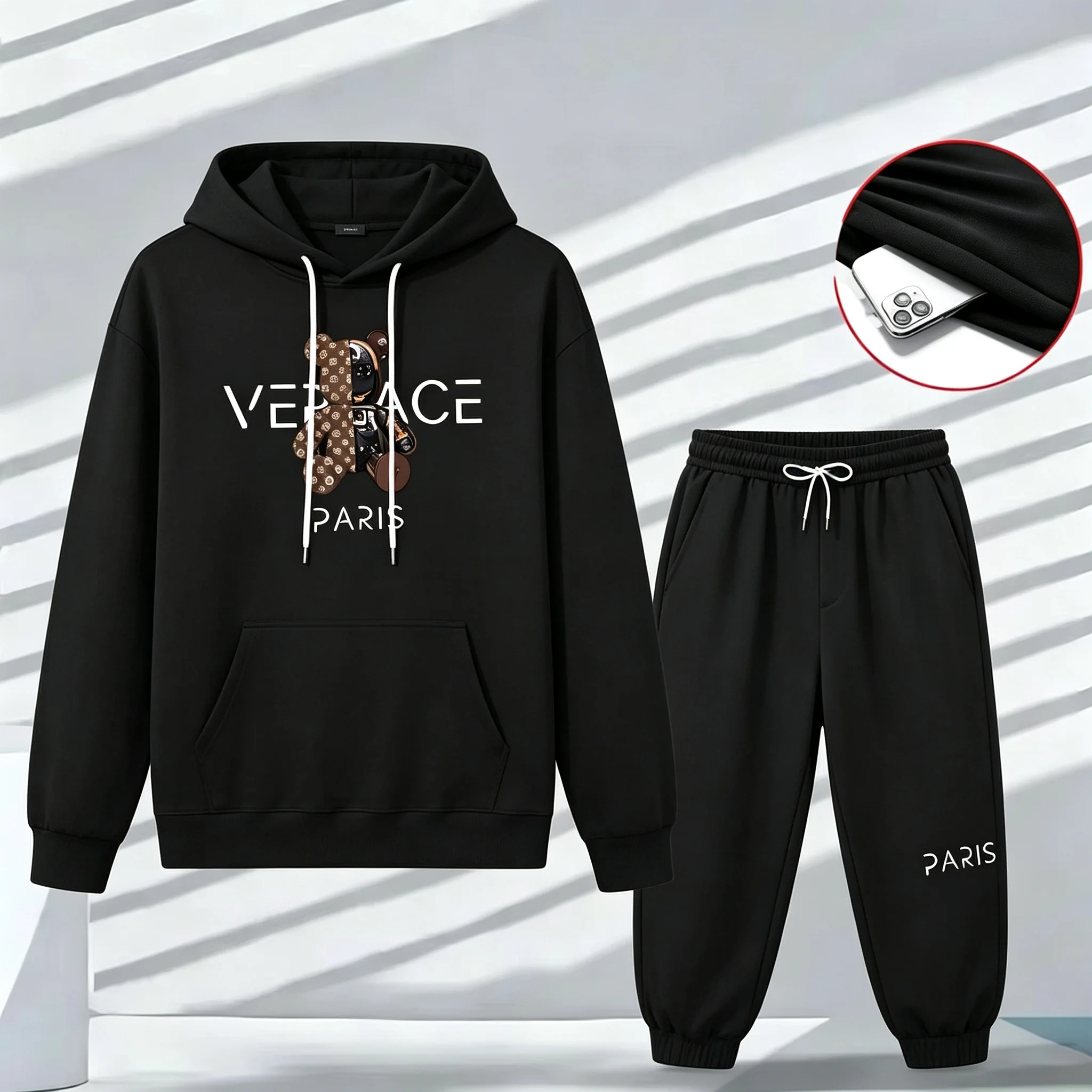 Men 2Pcs hoodies Luxury Bear Graphic Print Outfit Sleeve Breathable T Shirt Set Autumn Sports Streetwear Tracksuit