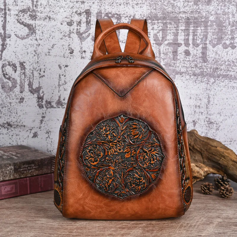 Vintage Women Leather Backpack Floral Female Double Shoulder Bag Functional Chiniese Style Ladies Handbag