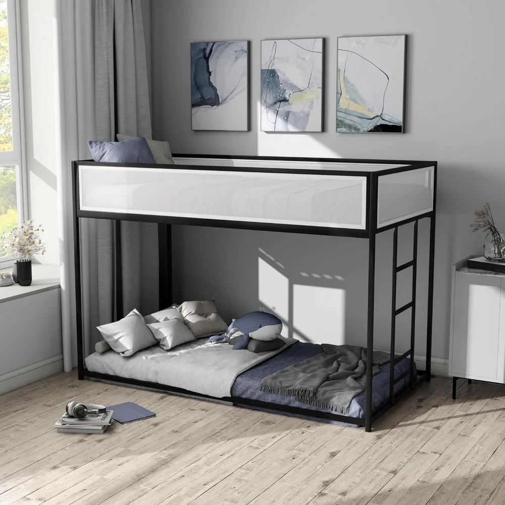 

Dravenor Modern Metal Twin Over Twin Low Profile Bunk Bed With Reversible Ladder And White Magnetic Mesh Panel, No Box Spring