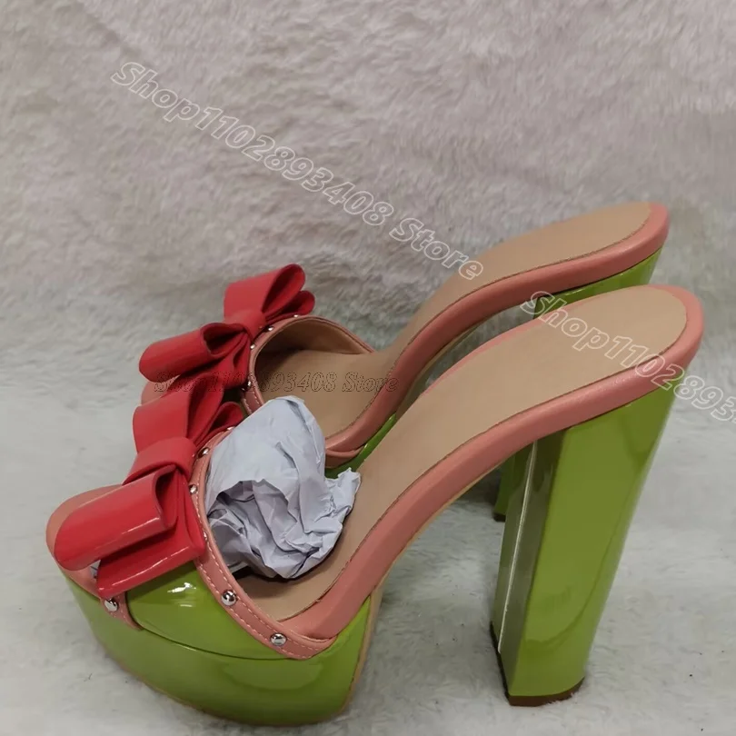 

Rivet Bowknot Decor Stiletto Slippers Chunky Heels Mixed British Style New Fashion Summer Women Shoes 2025 Zapatos Para Mujere