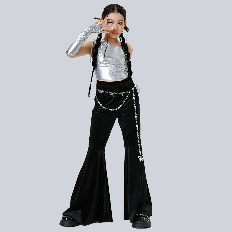 2025 جديد أزياء رقص الجاز الحديثة للفتيات بلوزات فضية السراويل السوداء الشارع الشهير الاطفال الهيب هوب الرقص أداء وتتسابق DQS20777