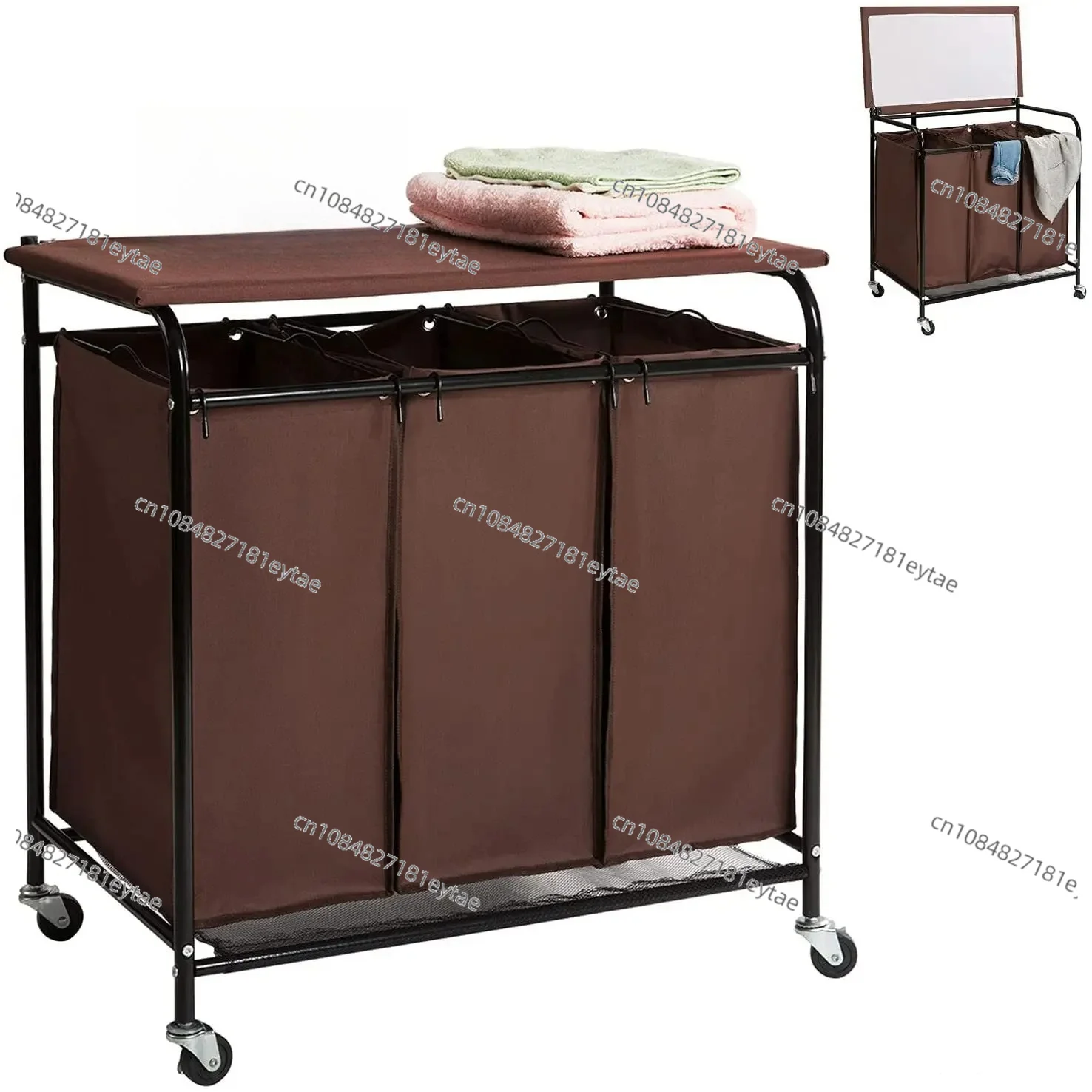 Movable 3 Compartment Laundry Hamper Basket 600D Dirty Clothes Classification Cart with Ironing Board
