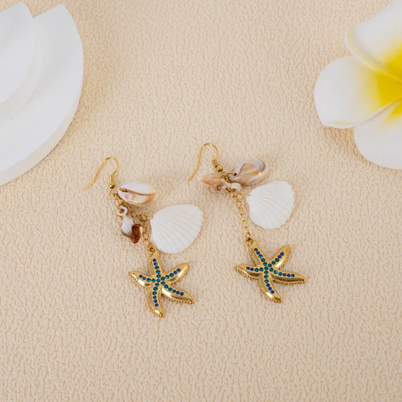 

Blue Crystal Starfish Dangle Earrings Natural Conch Shell Scallop Drop Hook Earrings Beach Ocean Style Women Vacation Jewelry