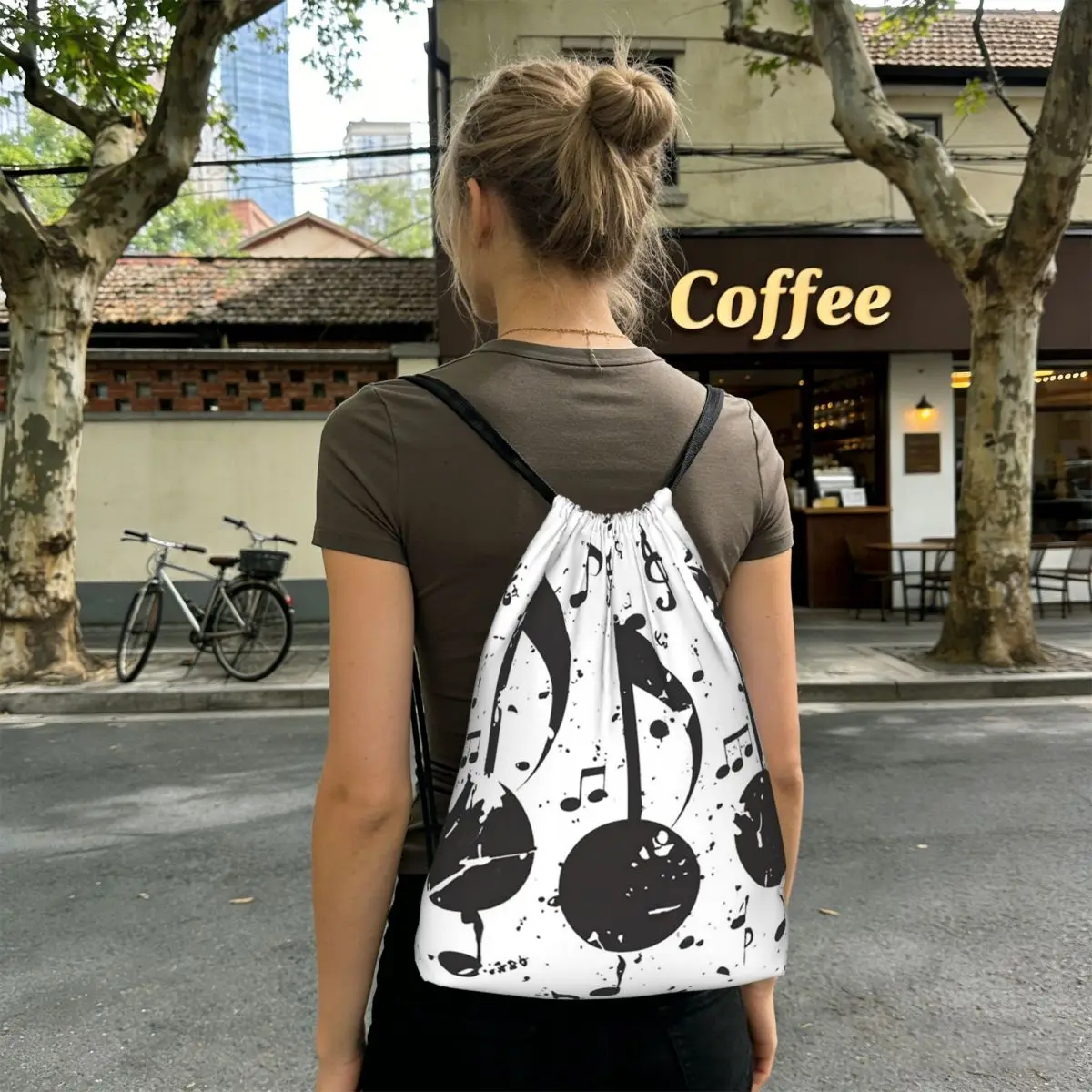 Splash Ink Music Note Backpacks Portable Drawstring Bundle Pocket Sundries Bag Book Bags for Man Woman Students