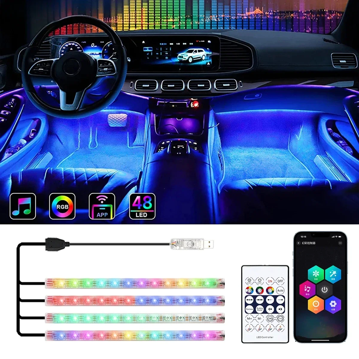 

Neon LED Car Interior Ambient Foot Light Kit Accessories Backlight RGB Remote App Music Control Auto Decorative Atmospere Lamp