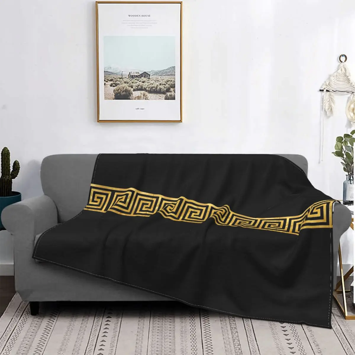 Gold Greek Key Trendy Blanket Fleece Decoration Portable Lightweight Thin Throw Blanket for Bedding Outdoor Bedding Throws