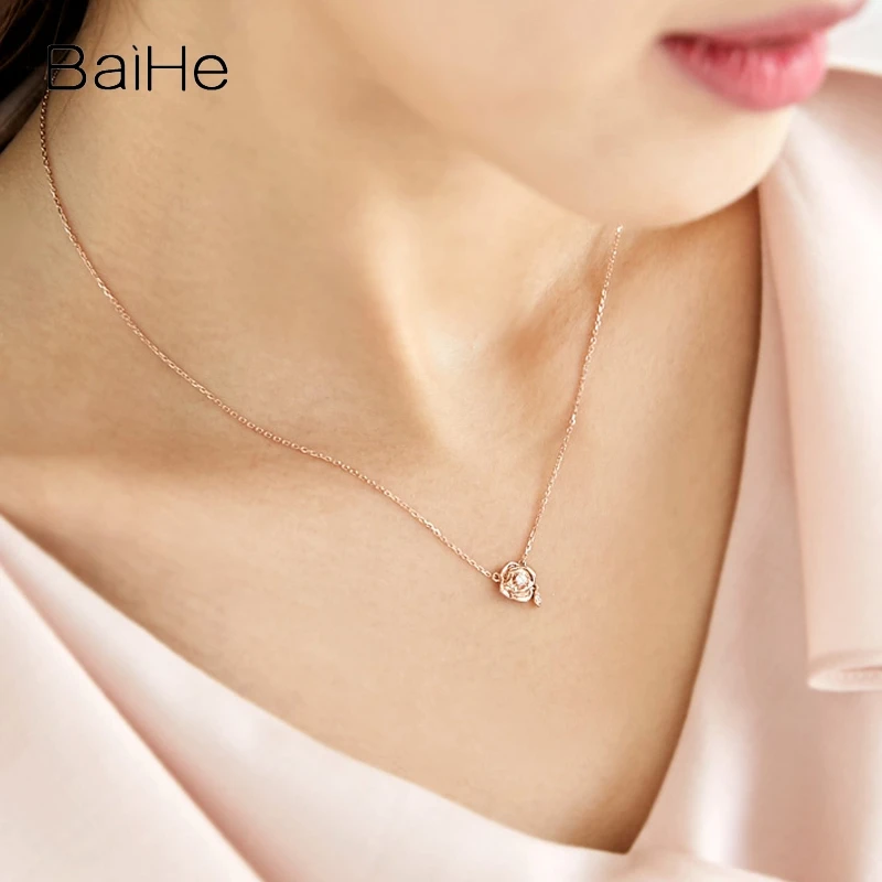 BaiHe Real Solid 14K Rose Gold H/SI Natural Diamond Rose Necklace Women Engagement Gift Trendy Fine Jewelry Making Ketting