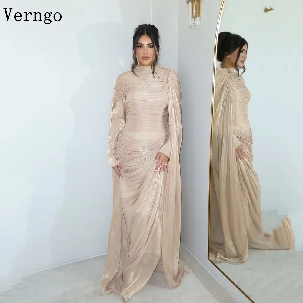 Verngo Champage Shiny Chiffon Evening Dress High Neck Full Sleeves A Line Modest Prom Gowns Women Party Dress Customized