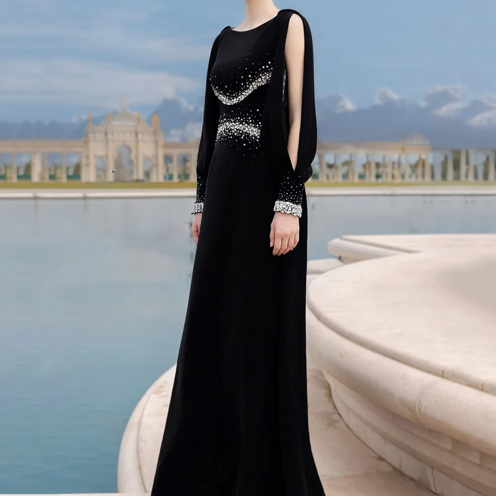 

Customized A-Line Prom Dresses Floor-Length Scoop-Neck Full Sleeve Evening Gown Fashion Crystal Simple Draped Party Gown