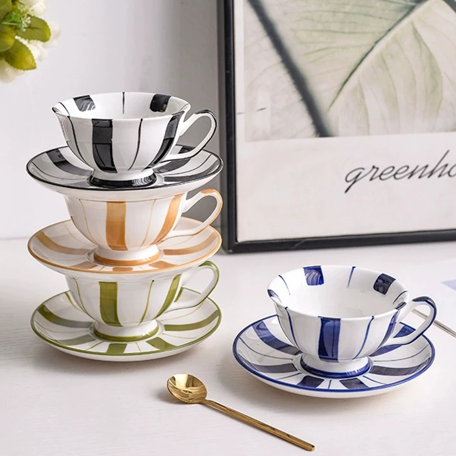 Nordic Cup and Saucer Hand-painted striped coffee cup & dish, High Appearance level Water Cup, Creative Ceramic Drinkware Cups