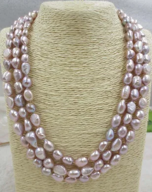 

3 Rows Natural 8-9mm Silver Gray Freshwater Baroque Pearl Necklace 17-19''