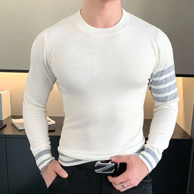 Autumn Winter New Mens Sweater Slim Versatile Round Neck Wool Knit Pullovers Top Casual Knitted Splicing Stripes Base Sweater