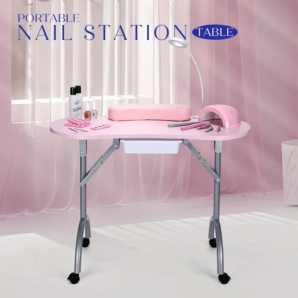 Table à ongles portable avec clous rpm, équipée de tiroirs et supports de poignet, et d'une station de travail à ongles à roues