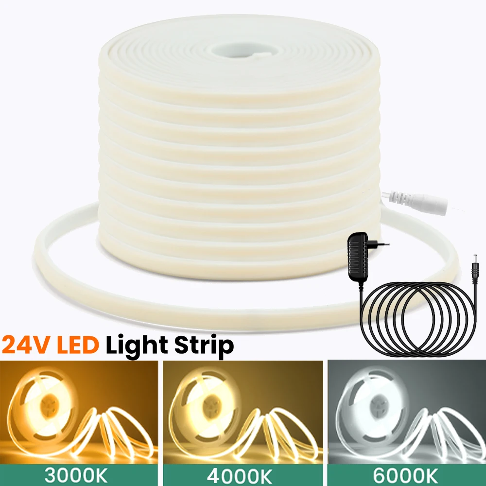 

24V COB LED Strip Light IP67 Waterproof 3000K 4000K 6000K EU US UK AU Power Kit 320LEDs Hight Bright Flexible Tape Room Lighting