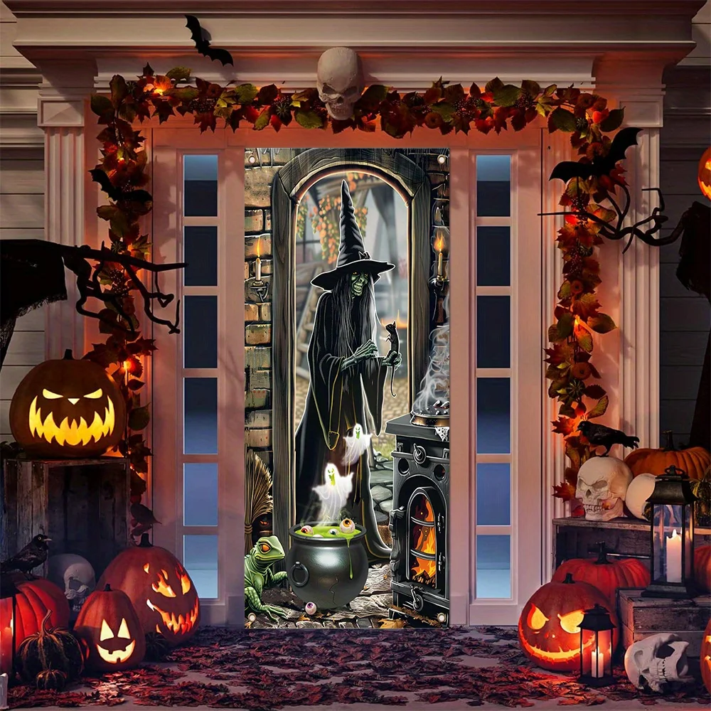 Halloween-Türbanner-Dekoration – 1 Stück, Fotohintergrund mit Hexenmotiv aus Polyester, für drinnen und draußen, gruseliges Halloween