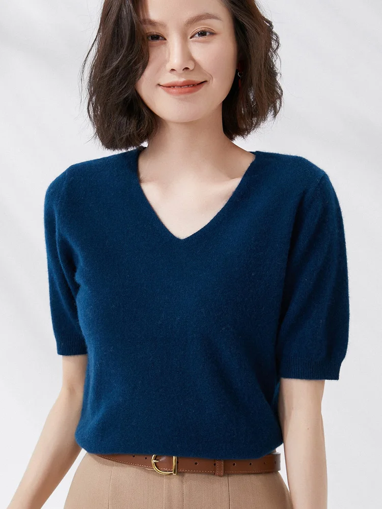 New 100% Merino Wool Women\' Sweater V-neck Solid Color Pullover Spring Summer Half sleeved Basic Clothing Base Sweater Casual